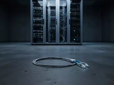 Ein einzelnes Glasfaserkabel auf einem dunklen Industrieboden in einem minimalistischen, kühlen Raum. - Foto: über boerse-global.de