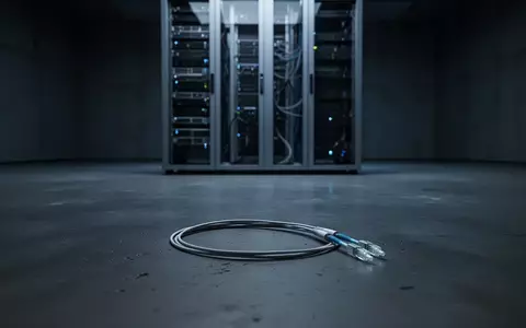 Ein einzelnes Glasfaserkabel auf einem dunklen Industrieboden in einem minimalistischen, kühlen Raum. - Foto: über boerse-global.de