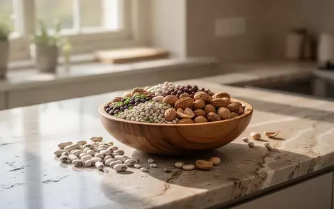 Eine Nahaufnahme von verschiedenen Hülsenfrüchten und Nüssen in einer Holzschale auf einer Steinarbeitsplatte bei natürlichem Licht. - Foto: über boerse-global.de