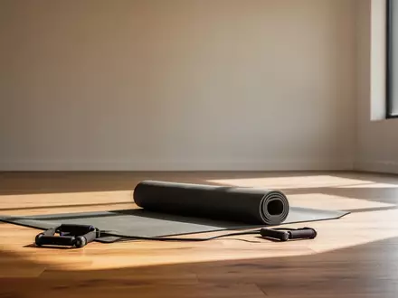 Ein minimalistischer, sonnendurchfluteter Trainingsraum mit einer zusammengerollten Yogamatte und Widerstandsbändern auf einem Holzboden. - Foto: über boerse-global.de