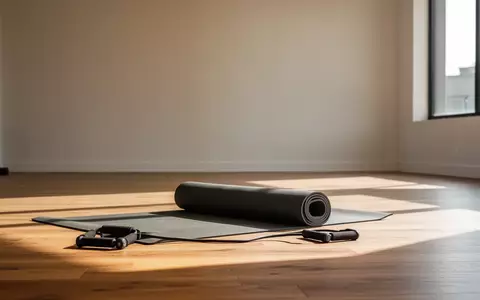 Ein minimalistischer, sonnendurchfluteter Trainingsraum mit einer zusammengerollten Yogamatte und Widerstandsbändern auf einem Holzboden. - Foto: über boerse-global.de