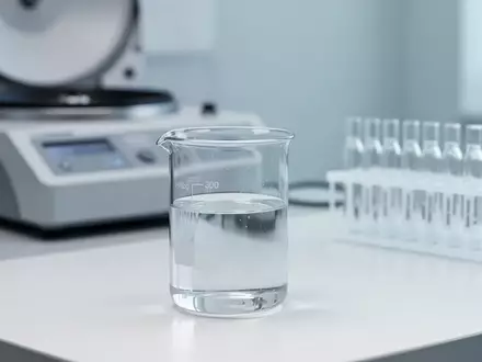 Ein steriles Labor mit einem Glasbecher, klaren Flüssigkeiten und unbeschrifteten Reagenzgläsern in klinischer Umgebung. - Foto: über boerse-global.de