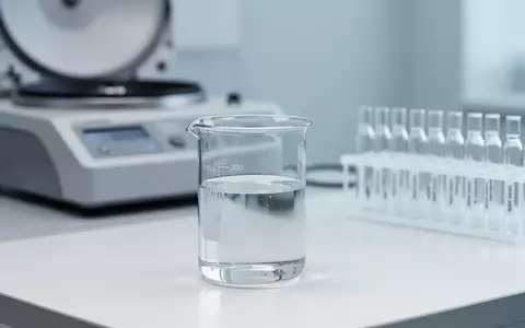 Ein steriles Labor mit einem Glasbecher, klaren Flüssigkeiten und unbeschrifteten Reagenzgläsern in klinischer Umgebung. - Foto: über boerse-global.de