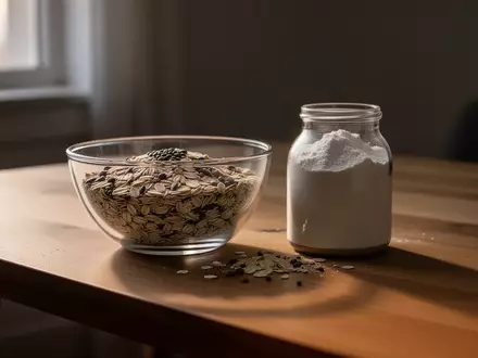 Eine Schale mit Haferflocken und ein Keramikgefäß mit Proteinpulver auf einem Holztisch bei natürlichem Morgenlicht. - Foto: über boerse-global.de