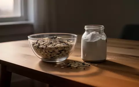 Eine Schale mit Haferflocken und ein Keramikgefäß mit Proteinpulver auf einem Holztisch bei natürlichem Morgenlicht. - Foto: über boerse-global.de
