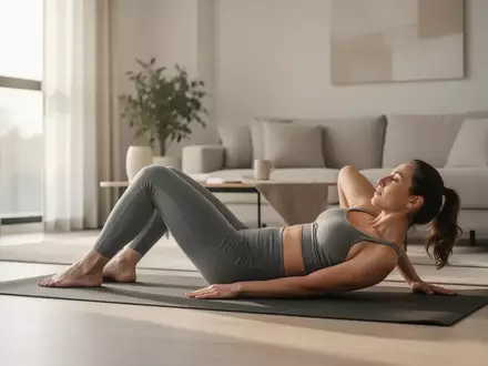 Eine Person führt in einem hellen, modernen Raum eine Übung zur Stärkung der Rumpfmuskulatur auf einer Yogamatte aus. - Foto: über boerse-global.de