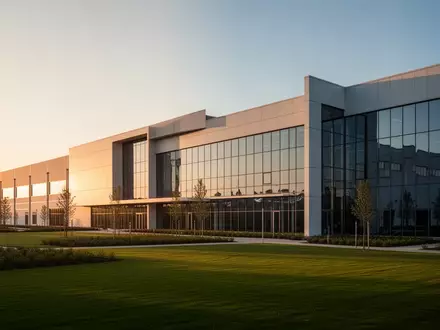 Moderne industrielle Fertigungsanlage mit minimalistischer Architektur und weitläufiger Glasfassade bei Sonnenuntergang. - Foto: über boerse-global.de