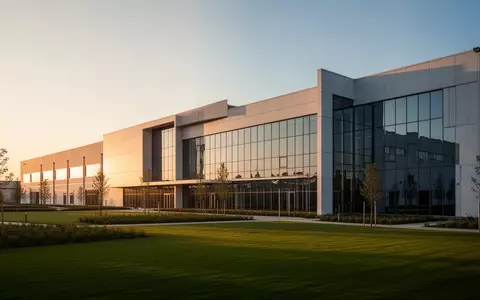 Moderne industrielle Fertigungsanlage mit minimalistischer Architektur und weitläufiger Glasfassade bei Sonnenuntergang. - Foto: über boerse-global.de