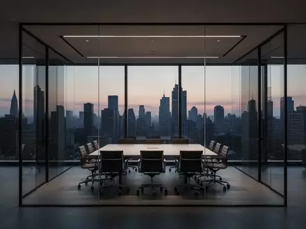 Ein minimalistisches, modernes Büro mit Glaswänden und Blick auf eine Skyline bei Dämmerung. - Foto: über boerse-global.de