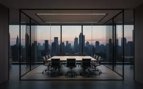 Ein minimalistisches, modernes Büro mit Glaswänden und Blick auf eine Skyline bei Dämmerung. - Foto: über boerse-global.de