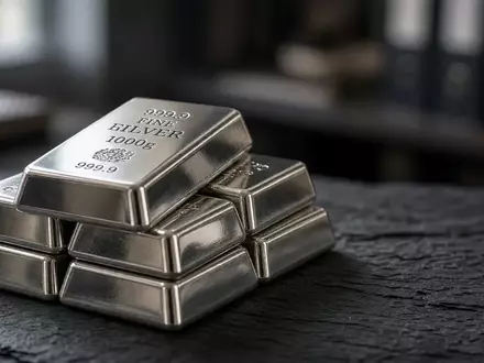 Glänzende Silberbarren auf einer dunklen Schieferplatte bei natürlichem Licht. - Foto: über boerse-global.de
