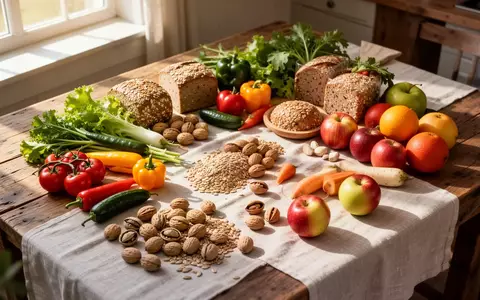 Frisches Gemüse, Obst, Nüsse und Vollkornprodukte auf einem hölzernen Küchentisch in natürlichem Licht. - Foto: über boerse-global.de