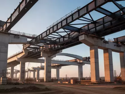 Eine weitläufige Baustelle für ein Infrastrukturprojekt mit massiven Stahlträgern und Betonpfeilern bei Tageslicht. - Foto: über boerse-global.de