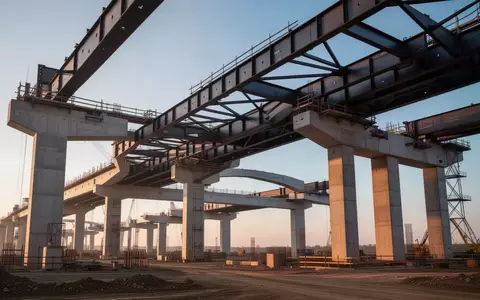 Eine weitläufige Baustelle für ein Infrastrukturprojekt mit massiven Stahlträgern und Betonpfeilern bei Tageslicht. - Foto: über boerse-global.de