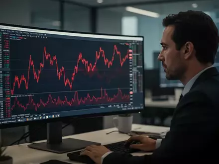 Ein Börsenhändler blickt auf einen Monitor mit fallenden Aktienkursen in einem modernen Büro. - Foto: über boerse-global.de