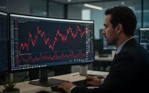 Ein Börsenhändler blickt auf einen Monitor mit fallenden Aktienkursen in einem modernen Büro. - Foto: über boerse-global.de