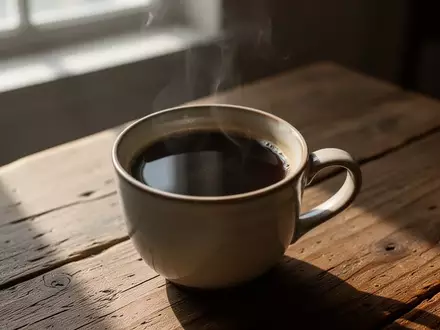 Eine Tasse schwarzer Kaffee auf einem Holztisch in einem sonnendurchfluteten Raum. - Foto: über boerse-global.de
