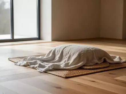 Ein minimalistischer Raum mit hellem Holzboden und einer schlichten Leinenauflage auf einer Matte bei natürlichem Lichteinfall. - Foto: über boerse-global.de