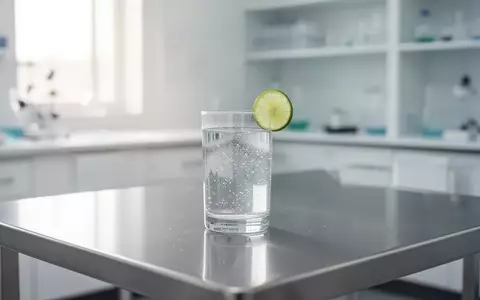 Ein klares Glas mit Wasser und einer Limettenscheibe steht auf einem sauberen Labortisch vor einem hellen, neutralen Hintergrund. - Foto: über boerse-global.de