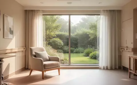 Ein sonnendurchfluteter, ruhiger Raum in einer modernen Pflegeeinrichtung mit Blick in einen grünen Garten. - Foto: über boerse-global.de