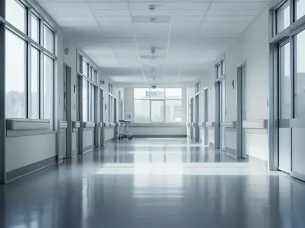 Ein minimalistischer, leerer Krankenhausflur mit einfallendem Tageslicht und glänzenden Bodenbelägen. - Foto: über boerse-global.de