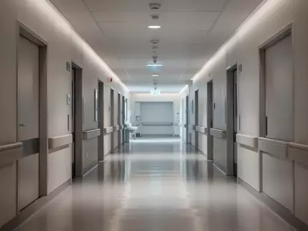 Ein leerer, modern gestalteter Krankenhausflur mit sanfter Beleuchtung und klaren architektonischen Linien. - Foto: über boerse-global.de