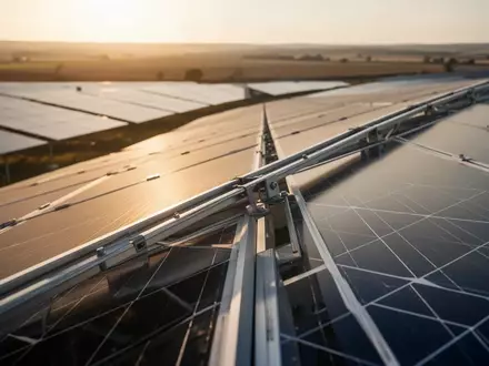 Reihen von Solarmodulen in einem Solarpark bei Sonnenuntergang. - Foto: über boerse-global.de