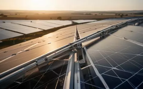 Reihen von Solarmodulen in einem Solarpark bei Sonnenuntergang. - Foto: über boerse-global.de