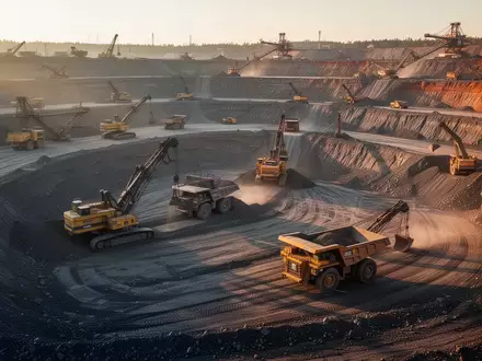 Ein moderner Tagebau mit schweren Maschinen und Lastwagen in einer weitläufigen, terrassierten Landschaft. - Foto: über boerse-global.de