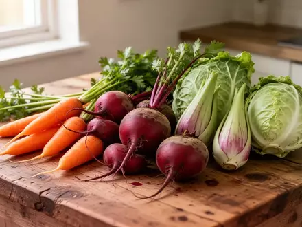 Frisches, rohes Saisongemüse wie Karotten, Rote Bete und Spitzkohl auf einer hölzernen Arbeitsplatte in einer Küche. - Foto: über boerse-global.de