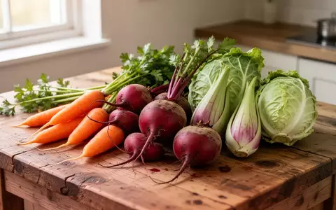 Frisches, rohes Saisongemüse wie Karotten, Rote Bete und Spitzkohl auf einer hölzernen Arbeitsplatte in einer Küche. - Foto: über boerse-global.de