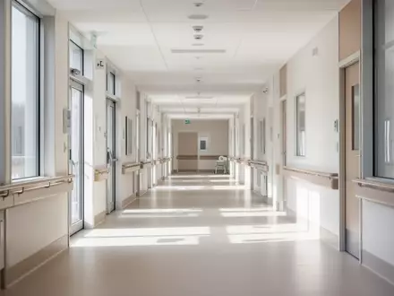 Ein heller, minimalistischer Flur in einer medizinischen Rehabilitationseinrichtung mit natürlichem Tageslicht. - Foto: über boerse-global.de