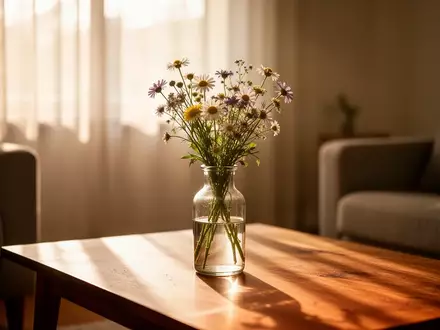 Ein sonnendurchfluteter, ruhiger Wohnraum mit einer Vase voller Wildblumen auf einem Holztisch, der eine friedliche Atmosphäre ausstrahlt. - Foto: über boerse-global.de