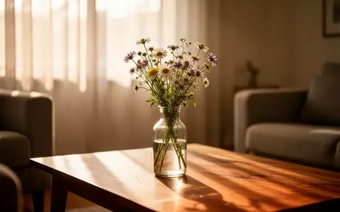 Ein sonnendurchfluteter, ruhiger Wohnraum mit einer Vase voller Wildblumen auf einem Holztisch, der eine friedliche Atmosphäre ausstrahlt. - Foto: über boerse-global.de