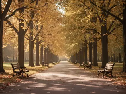 Ein sonnendurchfluteter Parkweg im Herbst mit leeren Holzbänken unter herbstlich gefärbten Bäumen. - Foto: über boerse-global.de