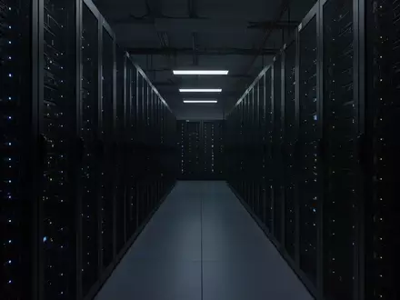 Dunkler Serverraum mit unbeleuchteten Serverschränken in einer langen Reihe. - Foto: über boerse-global.de