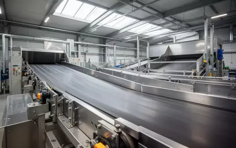 Ein leeres, sauberes Fließband in einer hochmodernen industriellen Sortieranlage für Abfälle. - Foto: über boerse-global.de