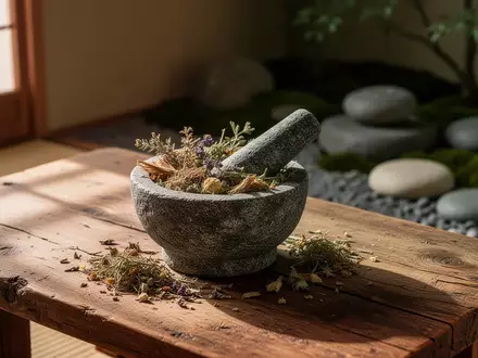 Ein hölzerner Tisch mit Mörser und getrockneten Kräutern vor einem unscharfen Zen-Garten, der die traditionelle chinesische Heilkunst symbolisiert. - Foto: über boerse-global.de