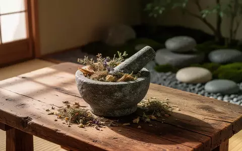 Ein hölzerner Tisch mit Mörser und getrockneten Kräutern vor einem unscharfen Zen-Garten, der die traditionelle chinesische Heilkunst symbolisiert. - Foto: über boerse-global.de