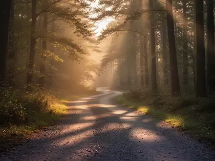 Ein einsamer Waldweg bei Sonnenaufgang mit weichem Licht und langen Schatten. - Foto: über boerse-global.de