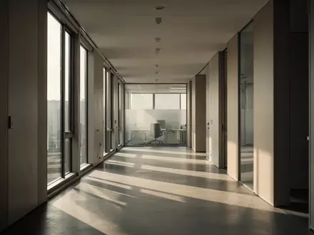 Ein leerer, sonnendurchfluteter Flur in einem modernen Bürogebäude mit minimalistischer Architektur. - Foto: über boerse-global.de