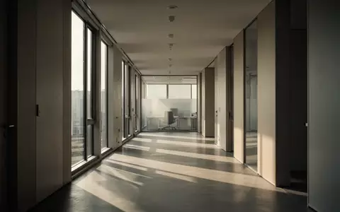 Ein leerer, sonnendurchfluteter Flur in einem modernen Bürogebäude mit minimalistischer Architektur. - Foto: über boerse-global.de