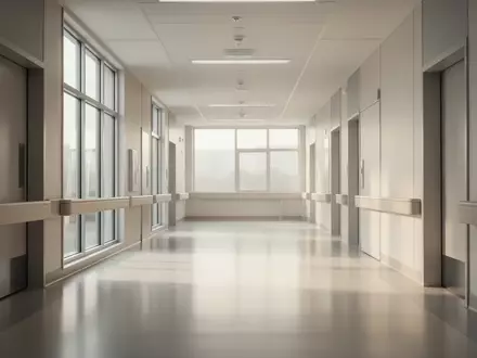 Ein heller, leerer Krankenhausflur mit moderner Architektur und natürlichem Lichteinfall. - Foto: über boerse-global.de
