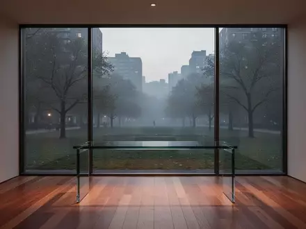 Ein minimalistischer Arbeitsbereich mit einem leeren Glastisch vor einem Fenster mit Blick auf einen nebligen Stadtpark. - Foto: über boerse-global.de