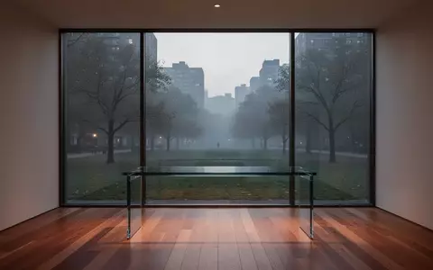 Ein minimalistischer Arbeitsbereich mit einem leeren Glastisch vor einem Fenster mit Blick auf einen nebligen Stadtpark. - Foto: über boerse-global.de