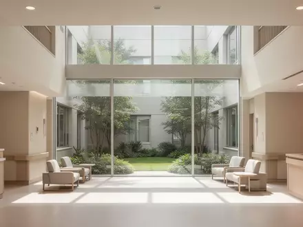 Ein lichtdurchflutetes, ruhiges Krankenhaus-Atrium mit Blick in einen grünen Garten. - Foto: über boerse-global.de