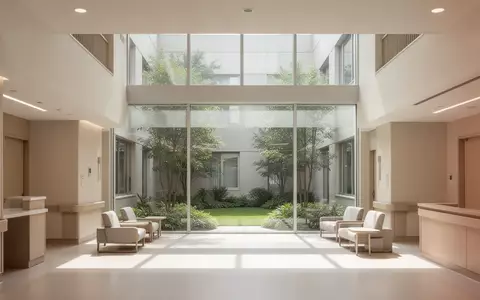 Ein lichtdurchflutetes, ruhiges Krankenhaus-Atrium mit Blick in einen grünen Garten. - Foto: über boerse-global.de
