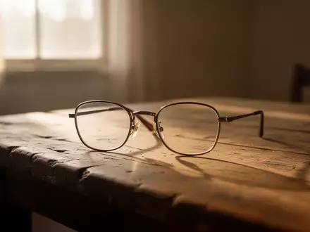 Eine Brille auf einem Holztisch bei sanftem Lichteinfall, die das Thema Sehkraft symbolisiert. - Foto: über boerse-global.de