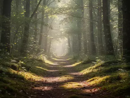 Ein friedlicher Waldweg im Morgenlicht, der Ruhe und Naturverbundenheit ausstrahlt. - Foto: über boerse-global.de