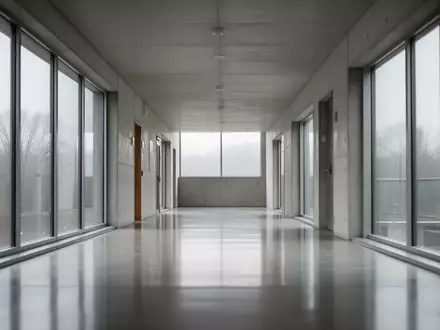Ein minimalistischer, menschenleerer Flur in einem modernen Verwaltungsgebäude mit grauen Betonwänden und diffusem Tageslicht. - Foto: über boerse-global.de